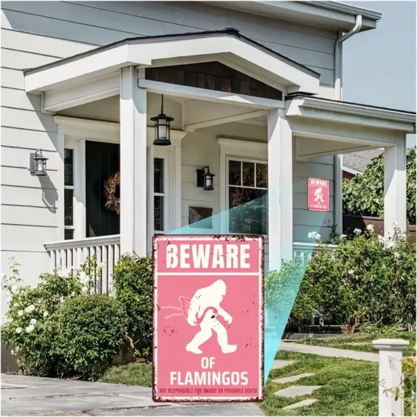 Vintage Metal Tin Sign - Beware of Flamingos Wall Art Decor for Home, Yard, Garden, and Coffee Shop