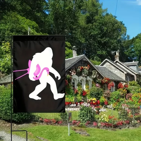 Garden Flag - Bigfoot Carrying a Pink Flamingo