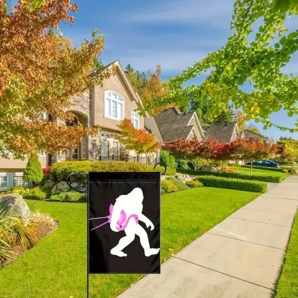 Garden Flag - Bigfoot Carrying a Pink Flamingo