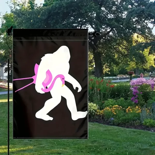 Garden Flag - Bigfoot Carrying a Pink Flamingo