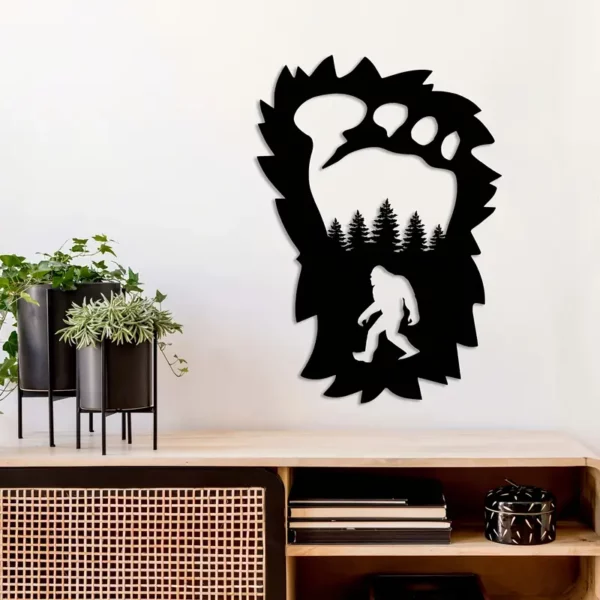 Metal Decorative Art Display Bigfoot Footprint with a Forest background and Sasquatch Wall Decorative for Entryway, Front Door, Hallway, Kitchen, Office