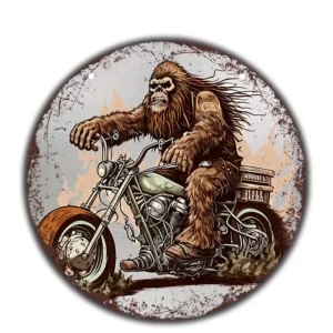 Sasquatch Riding A Motorcycle Vintage Aluminum Sign Round Wall Art (8''x8'')