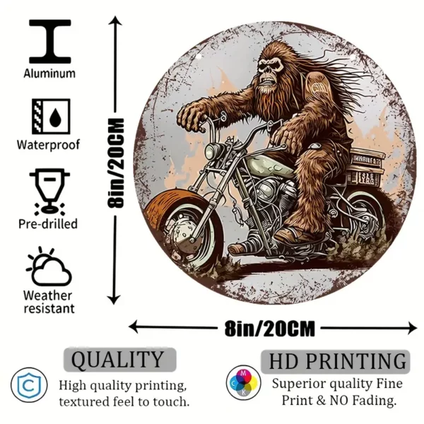 Sasquatch Riding A Motorcycle Vintage Aluminum Sign Round Wall Art (8''x8'')