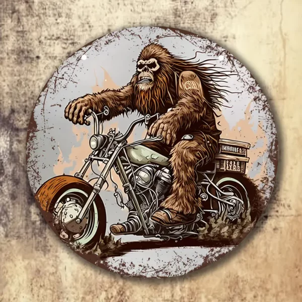 Sasquatch Riding A Motorcycle Vintage Aluminum Sign Round Wall Art (8''x8'')