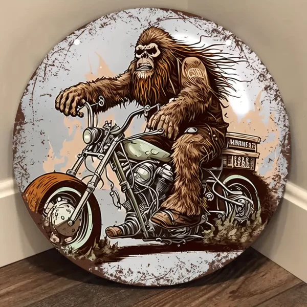 Sasquatch Riding A Motorcycle Vintage Aluminum Sign Round Wall Art (8''x8'')