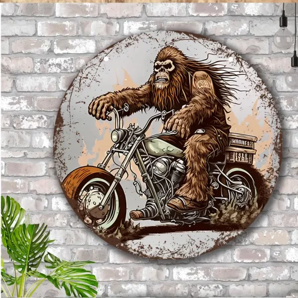 Sasquatch Riding A Motorcycle Vintage Aluminum Sign Round Wall Art (8''x8'')