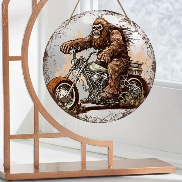 Sasquatch Riding A Motorcycle Vintage Aluminum Sign Round Wall Art (8''x8'')