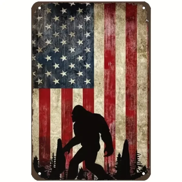 Bigfoot with USA Flag Background, Vertical Metal Sign (Slight Bend SPECIAL)