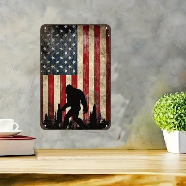 Bigfoot with USA Flag Background, Vertical Metal Sign (Slight Bend SPECIAL) - Image 6