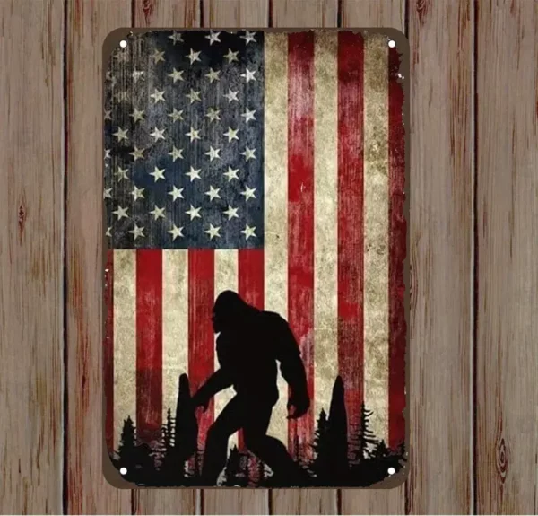 Bigfoot with USA Flag Background, Vertical Metal Sign (Slight Bend SPECIAL) - Image 5