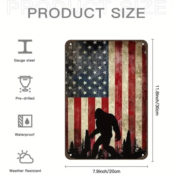 Bigfoot with USA Flag Background, Vertical Metal Sign (Slight Bend SPECIAL) - Image 4