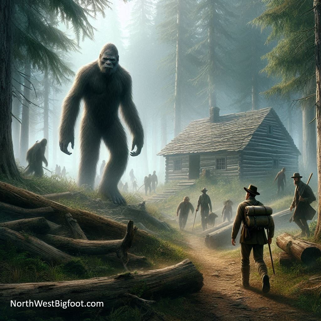 a realistic image of a group of Bigfoot approaching a cabin in the woods during the war of 1855