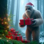 realistic image of Bigfoot with a Santa hat on handing out Christmas presents in the forest