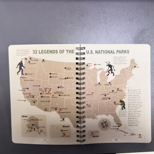 1pc Legends of the National Parks Guide Book - 32 Unexplained American Mysteries, Monsters & Myths - Spiral Bound Paper Book with Cryptid Map