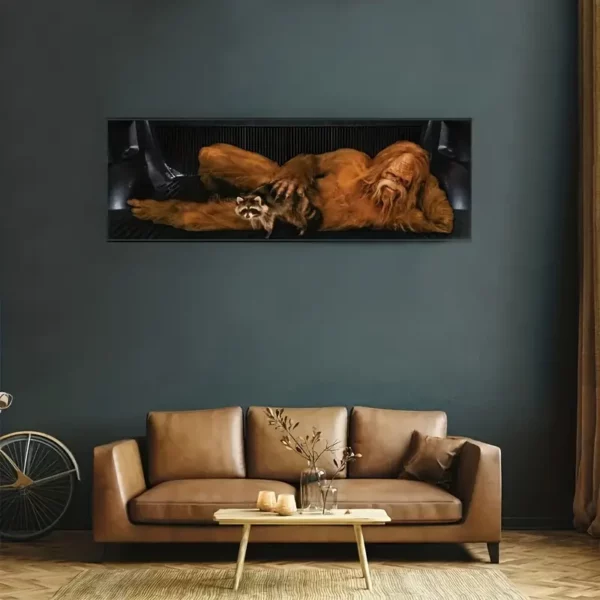 Bigfoot with Raccoon - Unframed Canvas Print - 48" x 16" Print Only - Black