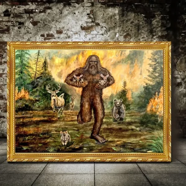 Sasquatch Rescues Animals from Forest Fire - Frameless Canvas Wall Art: Unframed, 12x16 inches