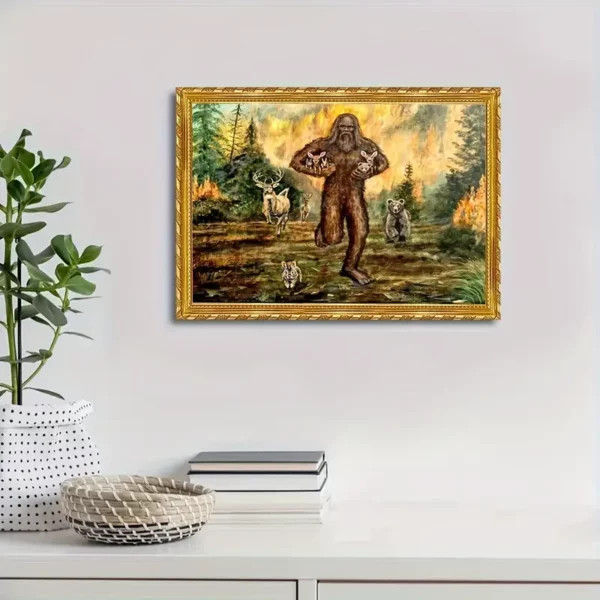 Sasquatch Rescues Animals from Forest Fire - Frameless Canvas Wall Art: Unframed, 12x16 inches