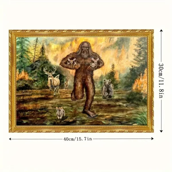 Sasquatch Rescues Animals from Forest Fire - Frameless Canvas Wall Art: Unframed, 12x16 inches