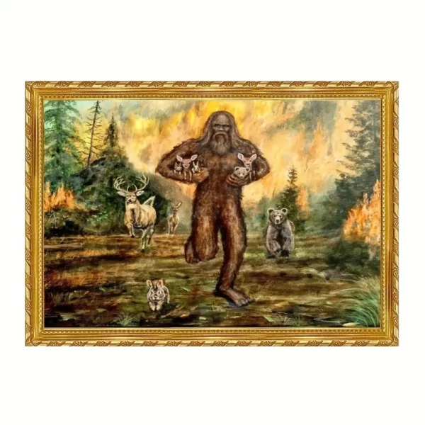 Sasquatch Rescues Animals from Forest Fire - Frameless Canvas Wall Art: Unframed, 12x16 inches