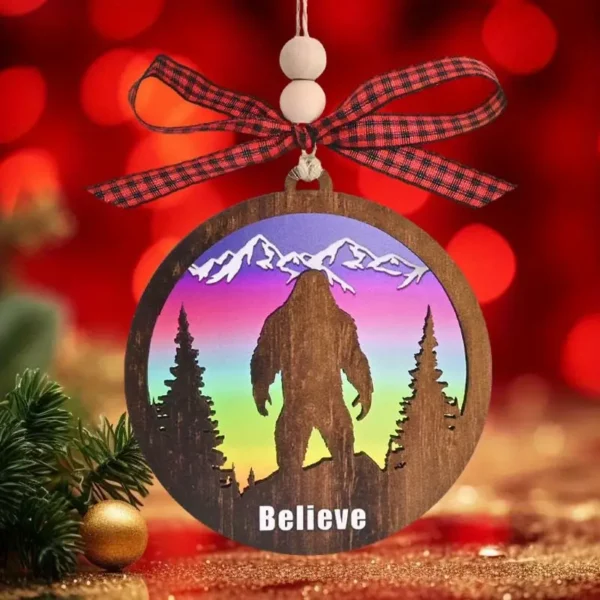 'Believe' Sasquatch In Aurora Snowscape - Colorful Acrylic & Wooden Christmas Ornament With Bow Lanyard - Holiday Decoration - For Yeti Enthusiasts - Perfect Christmas Gift