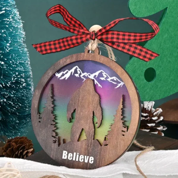 'Believe' Sasquatch In Aurora Snowscape - Colorful Acrylic & Wooden Christmas Ornament With Bow Lanyard - Holiday Decoration - For Yeti Enthusiasts - Perfect Christmas Gift