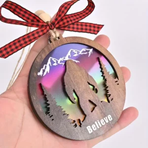 'Believe' Sasquatch In Aurora Snowscape - Colorful Acrylic & Wooden Christmas Ornament With Bow Lanyard - Holiday Decoration - For Yeti Enthusiasts - Perfect Christmas Gift