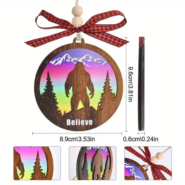 'Believe' Sasquatch In Aurora Snowscape - Colorful Acrylic & Wooden Christmas Ornament With Bow Lanyard - Holiday Decoration - For Yeti Enthusiasts - Perfect Christmas Gift