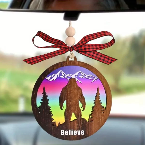 'Believe' Sasquatch In Aurora Snowscape - Colorful Acrylic & Wooden Christmas Ornament With Bow Lanyard - Holiday Decoration - For Yeti Enthusiasts - Perfect Christmas Gift