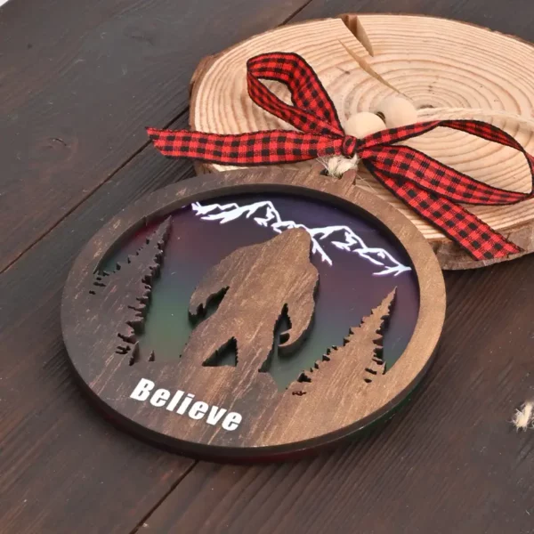 'Believe' Sasquatch In Aurora Snowscape - Colorful Acrylic & Wooden Christmas Ornament With Bow Lanyard - Holiday Decoration - For Yeti Enthusiasts - Perfect Christmas Gift