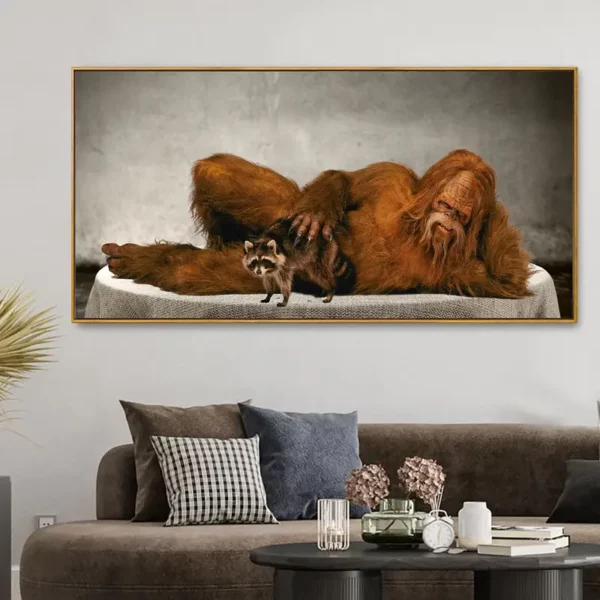 Bigfoot with Raccoon on Couch - Unframed Canvas Print - 40" x 20" White