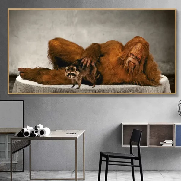 Bigfoot with Raccoon on Couch - Unframed Canvas Print - 40" x 20" White