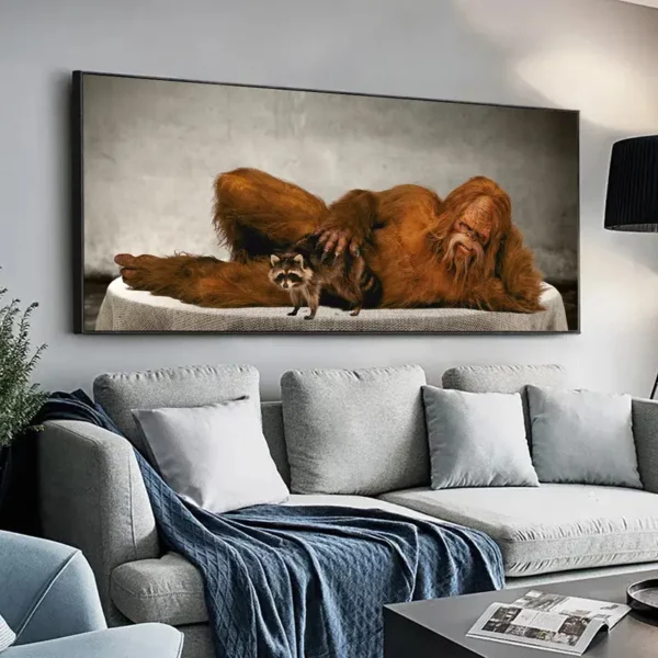 Bigfoot with Raccoon on Couch - Unframed Canvas Print - 40" x 20" White