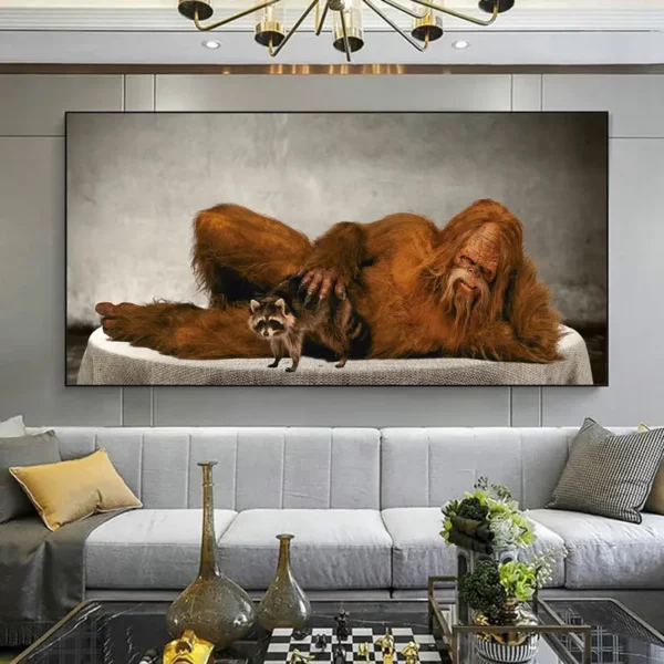 Bigfoot with Raccoon on Couch - Unframed Canvas Print - 40" x 20" White