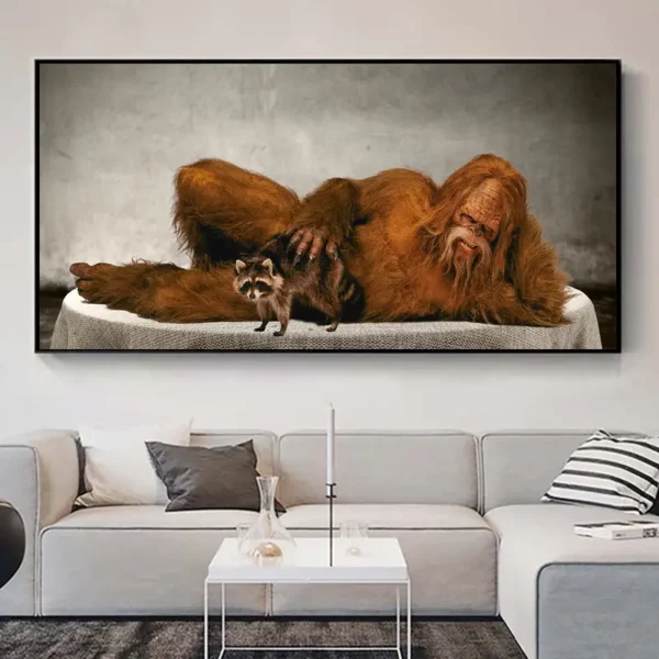 Bigfoot with Raccoon on Couch - Unframed Canvas Print - 40" x 20" White