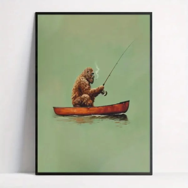 Sasquatch Canvas Print, Bigfoot in a Canoe Fishing 8"x12" - Bigfoot Approved