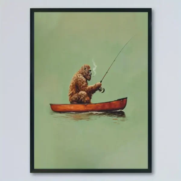 Sasquatch Canvas Print, Bigfoot in a Canoe Fishing 8"x12" - Bigfoot Approved