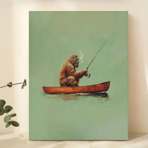 Sasquatch Canvas Print, Bigfoot in a Canoe Fishing 8"x12" - Bigfoot Approved