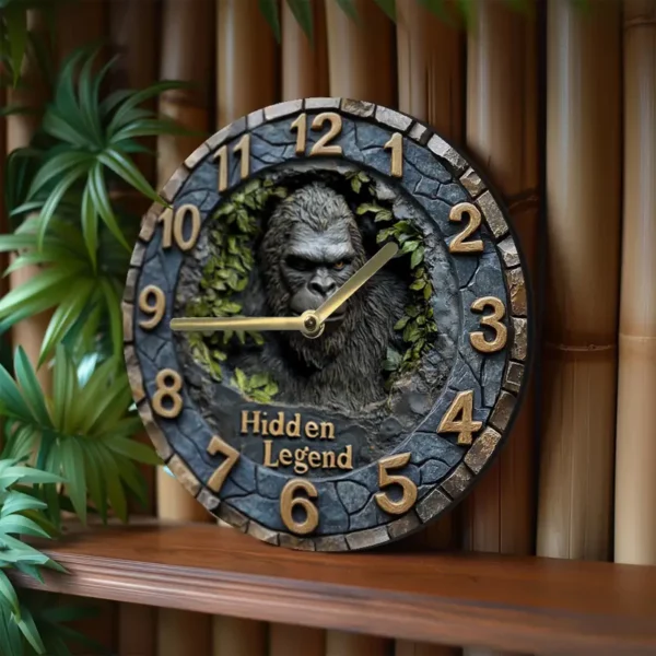 1pc 8X8Inch Wooden Wall Clock, "Hidden Legend" Sasquatch Design, Silent Non-Ticking, Artistic Home Decor, No Battery Included, for Living Room, Apartment, Entrance, Ideal for Girls, Mothers, Friends, Easter, Mother'S Day, Christmas