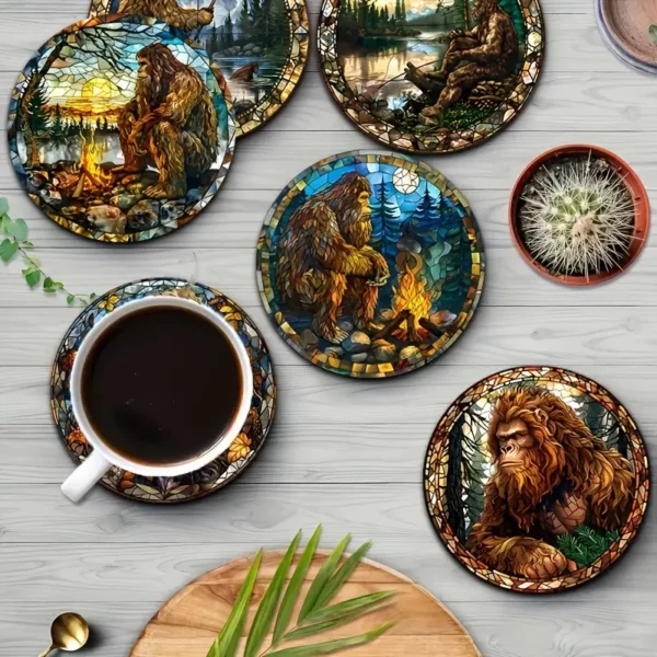 6pcs Bigfoot Stained Glass-Inspired Wooden Coaster Set - Durable, Colorful Drink Mats for Coffee, Tea & More - Ideal Home Decor Gift for Parents & Friends, Coffee Bar Decor