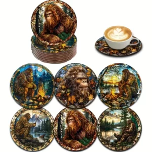 6pcs Bigfoot Stained Glass-Inspired Wooden Coaster Set - Durable, Colorful Drink Mats for Coffee, Tea & More - Ideal Home Decor Gift for Parents & Friends, Coffee Bar Decor