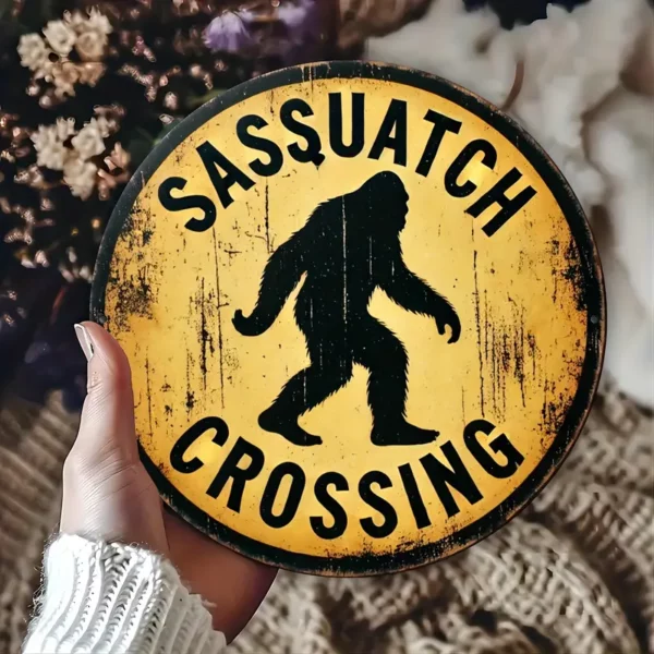 Sasquatch Crossing Metal Sign 8x8 Solid Border